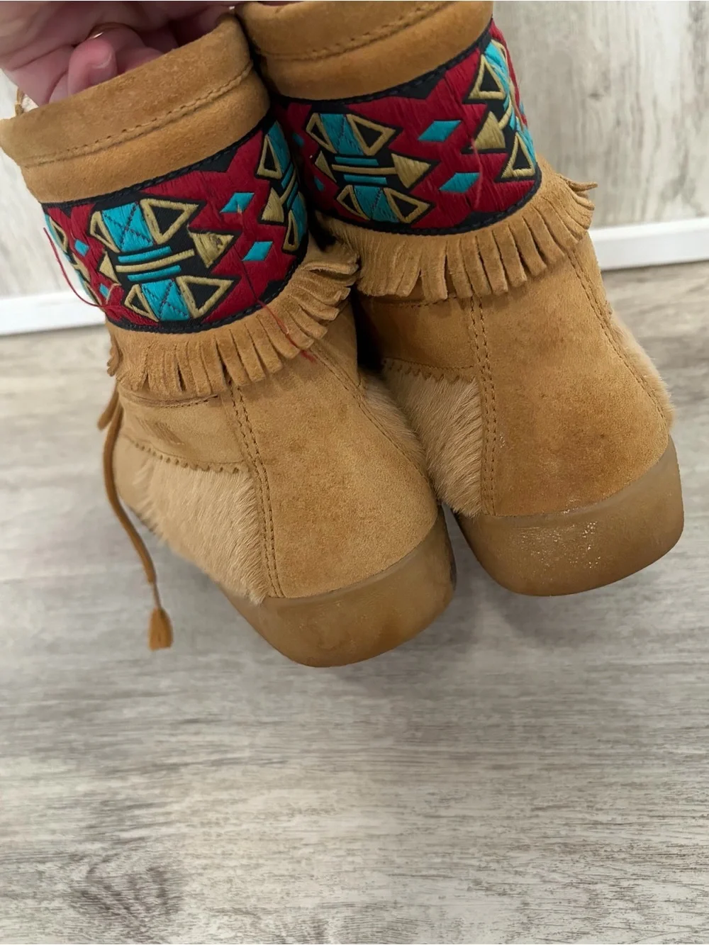 Vintage Tecnica Boots Womens Size 38 Tan Shearling Suede Aztec Southwestern
